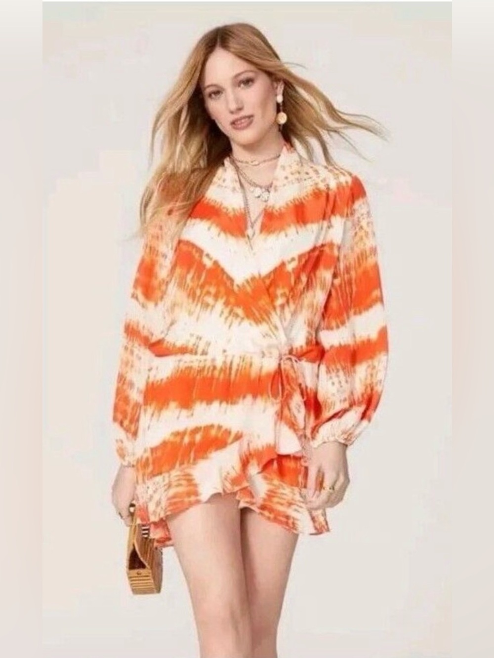 Rococo Sand Ilios Tie Dye Wrap Mini Dress Beach Coverup Orange Cream Est. M